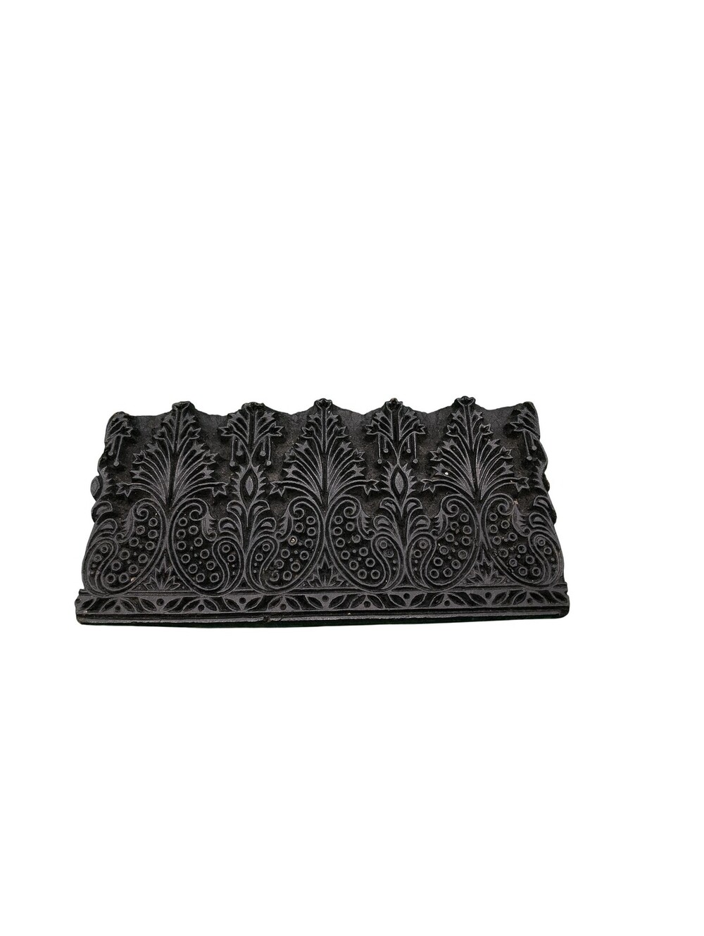 Indian Carved Black Wood Printing Block Stamp Border Paisley Design India 3x7x3
